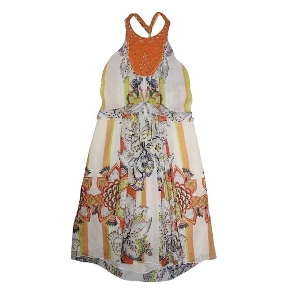 Roberto Cavalli Silk Halter Dress US 6/ 42 Mixed Print Crochet Bib Euro-Summer